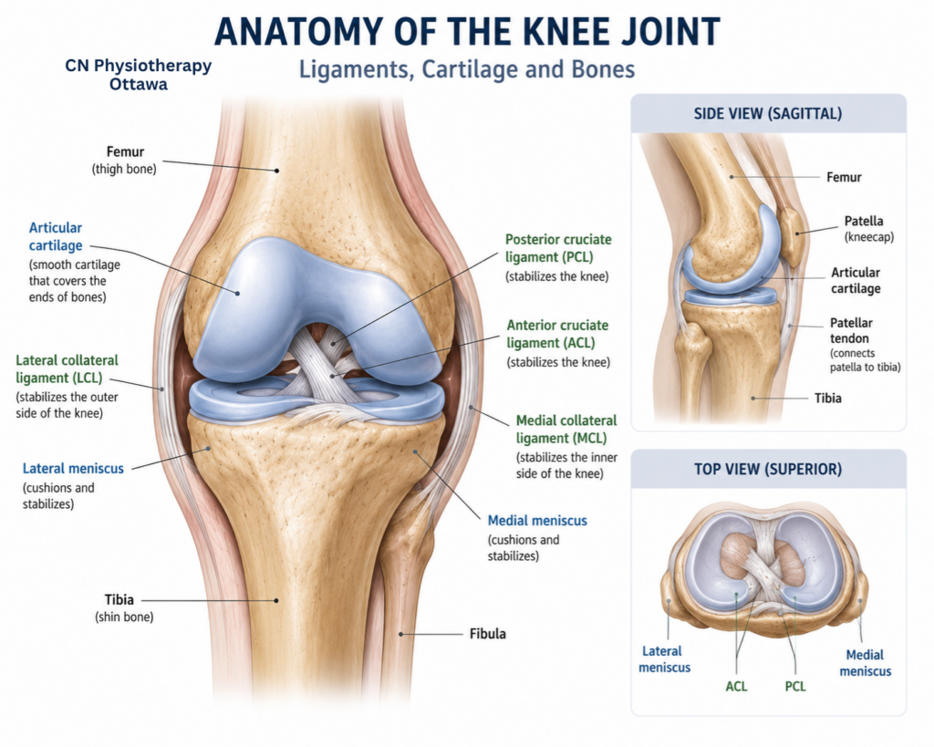Anatomy of the knee joint showing ligaments, cartilage and bones